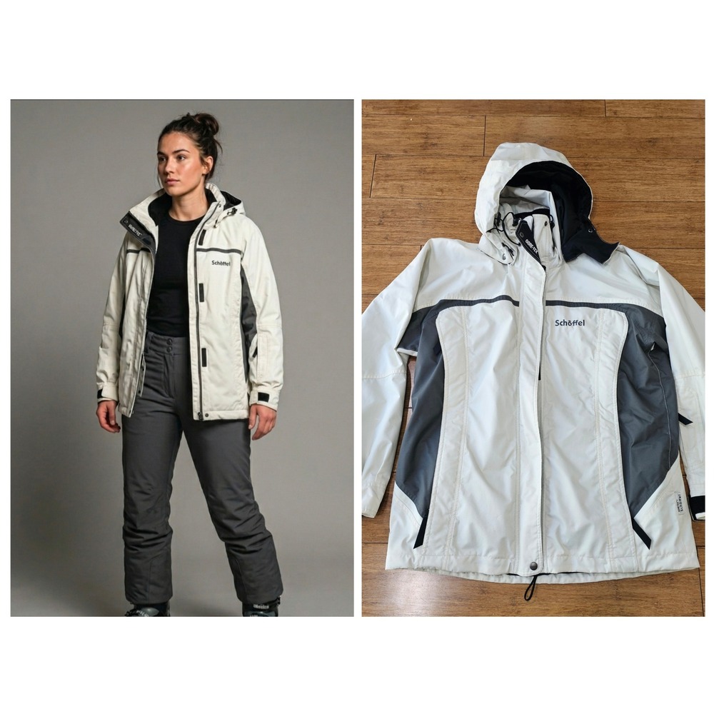 Schöffel Gore-Tex Ski Coat Jacket Women‎ 10 White Grey Waterproof Hooded Hiking